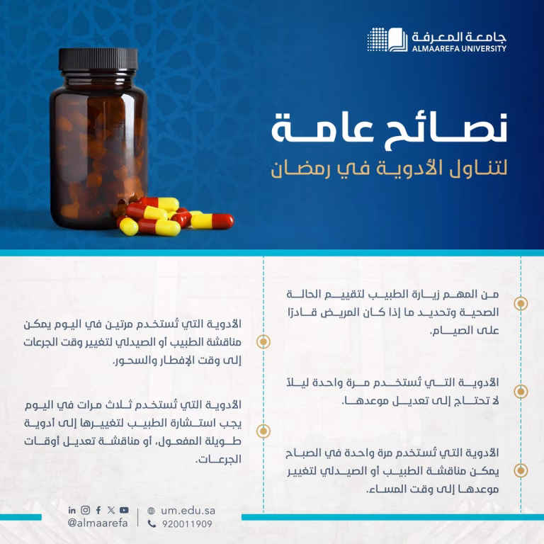 تناول الأدوية في شهر رمضان المبارك، كلية الصيدلة في #جامعة_المعرفة توضح :