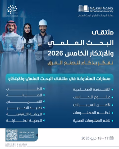 تحت شعار “نفكر بذكاء لنصنع الفرق” ؛ تعلن #جامعة_المعرفة عن مسارات المشاركة في ملتقى البحث العلمي والابتكار الخامس 2026 للطلبة والخريجين، وكافة طلبة الجامعات السعودية. للتسجيل : ⁰  pic.